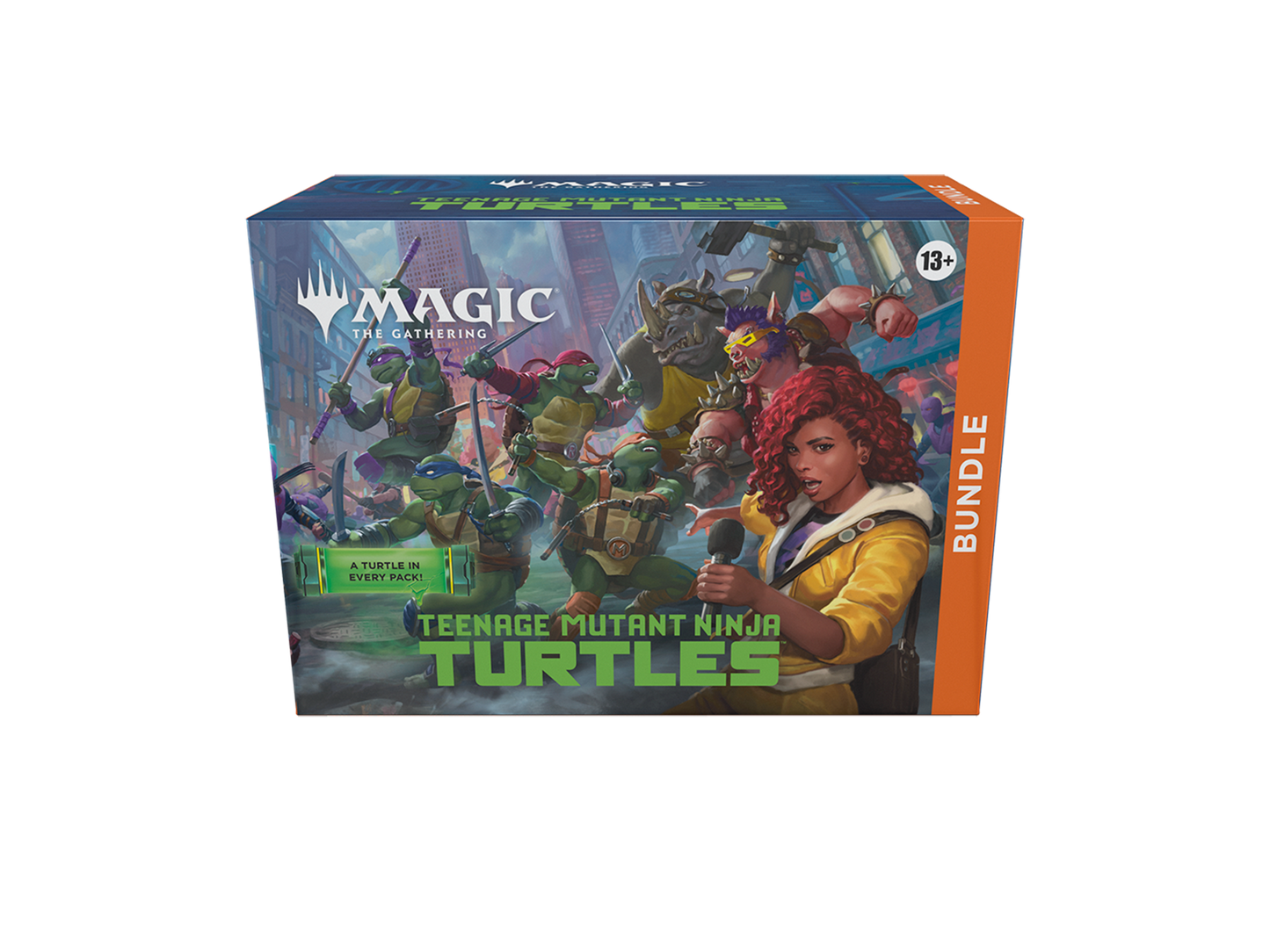 Caja Bundle Teenage Mutant Ninja Turtles de Magic The Gathering con April O’Neil y las Tortugas Ninja luchando en la ciudad.