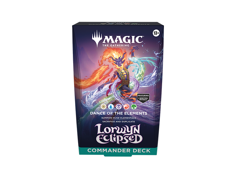 Commander Deck Lorwyn Eclipsed Dance of the Elements de Magic: The Gathering, con elemental multicolor y arte oficial del producto