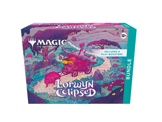 Bundle Lorwyn Eclipsado de Magic: The Gathering, caja con 9 sobres Play Booster y arte ilustrado del plano de Lorwyn

