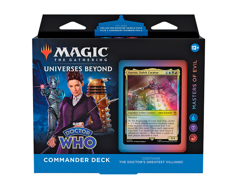 Commander Deck Masters of Evil de Magic The Gathering Doctor Who con ilustración de Davros y los Daleks
