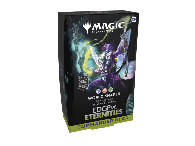 Commander Deck World Shaper de Edge of Eternities en inglés, mazo precon de Magic The Gathering centrado en landfall y sacrificio de tierras
