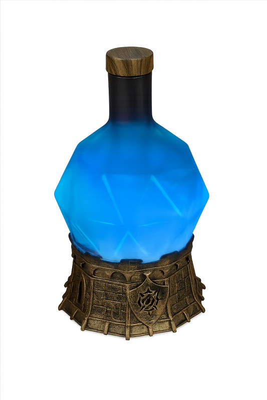 Lámpara de ambiente en forma de poción mágica azul con base medieval – Enhance Gaming, decoración friki para mesa de juego