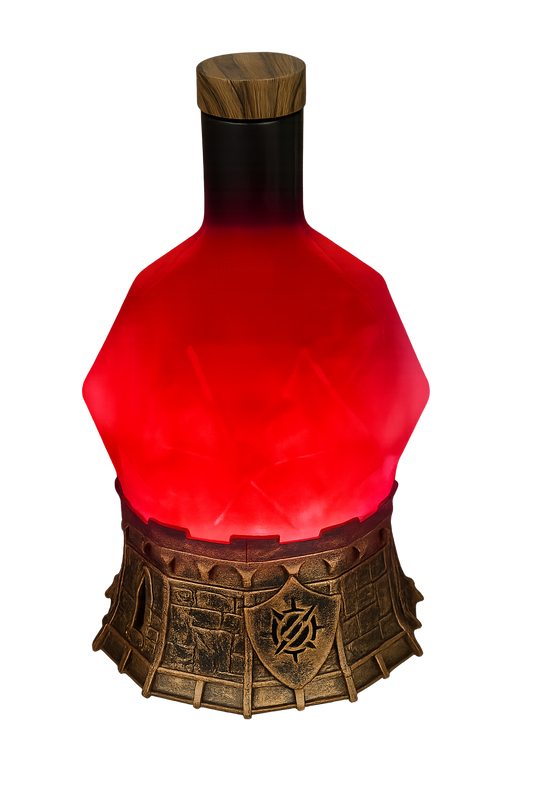 Lámpara de ambiente en forma de poción roja de Enhance Gaming, con base medieval y luz brillante para decoración friki y setups de juegos