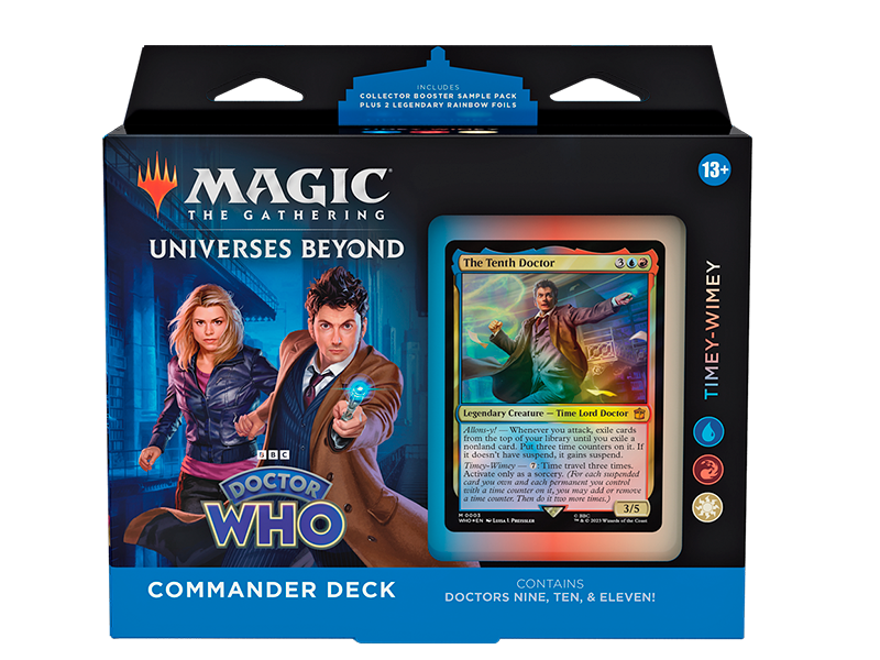 Commander Deck Timey-Wimey de Magic The Gathering Universes Beyond Doctor Who con el Décimo Doctor en la portada

