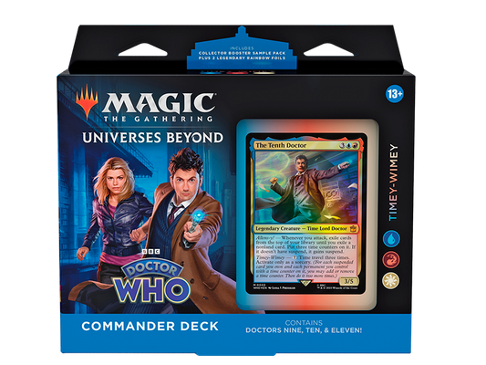 Commander Deck Timey-Wimey de Magic The Gathering Universes Beyond Doctor Who con el Décimo Doctor en la portada
