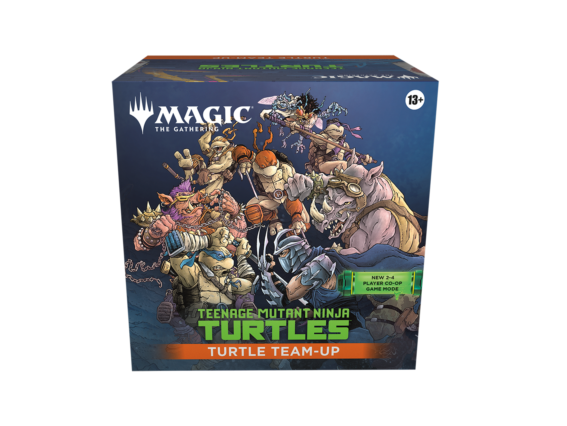Caja Turtle Team-Up de Magic: The Gathering y Teenage Mutant Ninja Turtles, producto cooperativo con ilustración de las Tortugas Ninja enfrentando a sus enemigos.