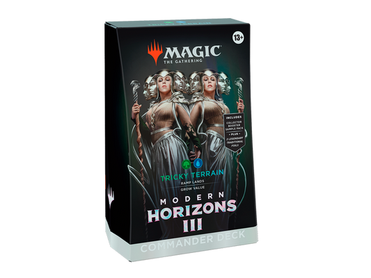 Commander Deck Tricky Terrain de Modern Horizons 3 para Magic: The Gathering, caja del mazo con arte de Omo Queen of Vesuva